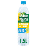 A 1.5L bottle of Volvic Touch of Fruit Sugar Free Lemon & Lime Natural Flavoured Water, featuring lemon and lime images on the packaging.